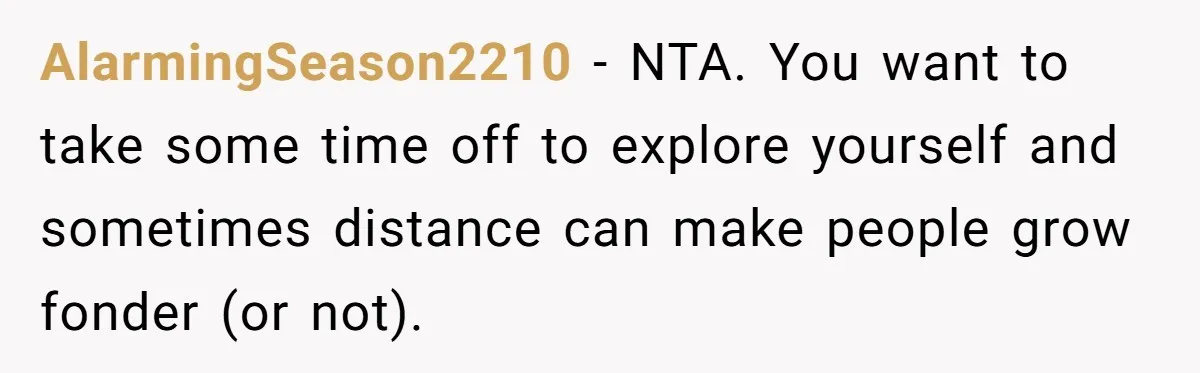 AlarmingSeason2210 − NTA. You want to take some time off to explore yourself and sometimes distance can make people grow fonder (or not).