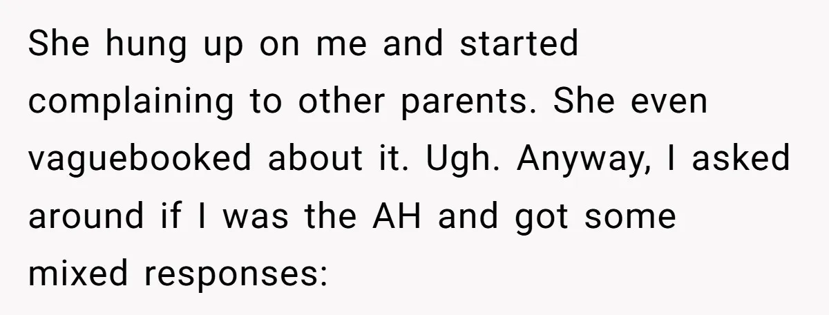 She hung up on me and started complaining to other parents. She even vaguebooked about it. Ugh. Anyway, I asked around if I was the AH and got some mixed...