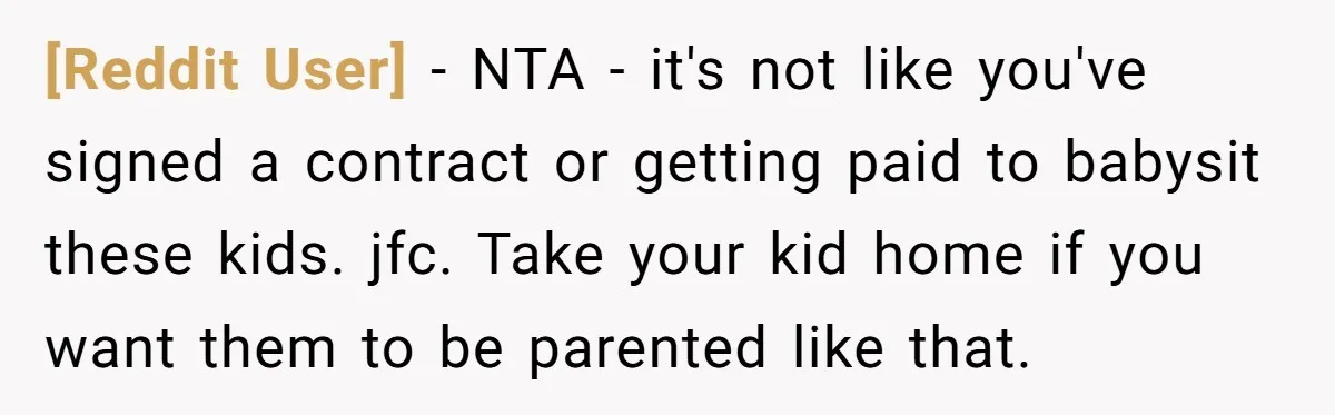 [Reddit User] − NTA - it's not like you've signed a contract or getting paid to babysit these kids. jfc. Take your kid home if you want them to be...