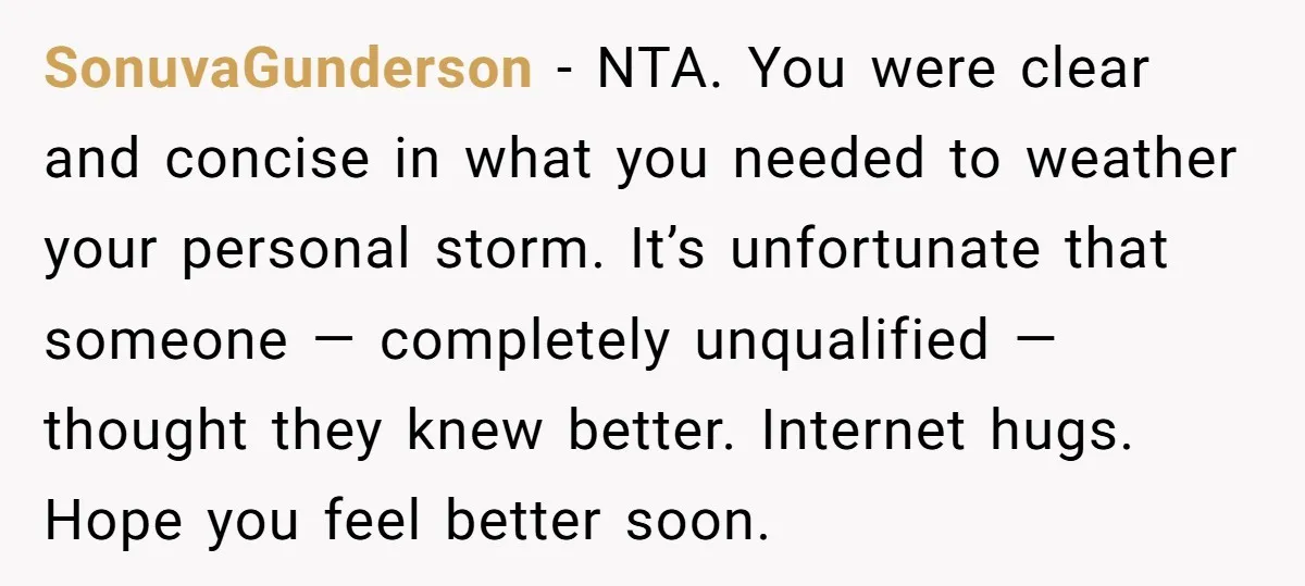 SonuvaGunderson − NTA. You were clear and concise in what you needed to weather your personal storm. It’s unfortunate that someone — completely unqualified — thought they knew better. Internet...