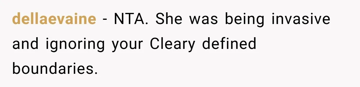 dellaevaine − NTA. She was being invasive and ignoring your Cleary defined boundaries.
