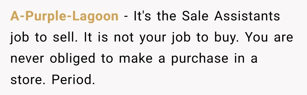 A-Purple-Lagoon − It's the Sale Assistants job to sell. It is not your job to buy. You are never obliged to make a purchase in a store. Period.