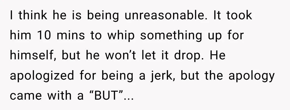 I think he is being unreasonable. It took him 10 mins to whip something up for himself, but he won’t let it drop. He apologized for being a jerk, but...