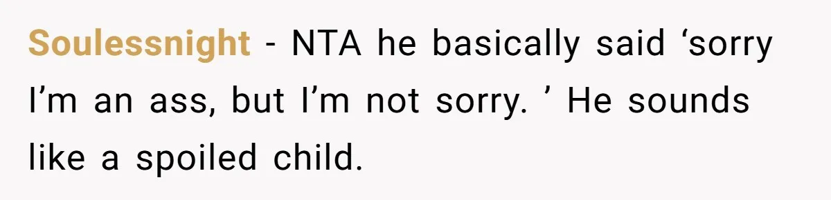 Soulessnight − NTA he basically said ‘sorry I’m an ass, but I’m not sorry. ’ He sounds like a spoiled child.