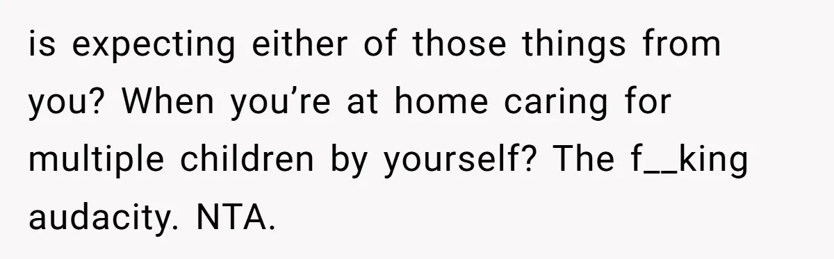 is expecting either of those things from you? When you’re at home caring for multiple children by yourself? The f__king audacity. NTA.