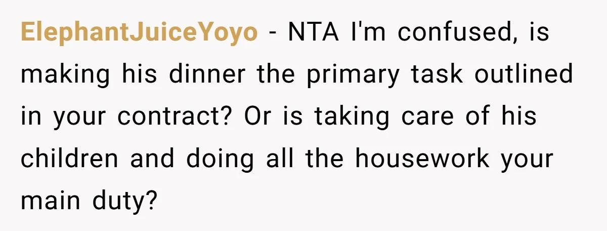 ElephantJuiceYoyo − NTA I'm confused, is making his dinner the primary task outlined in your contract? Or is taking care of his children and doing all the housework your main...
