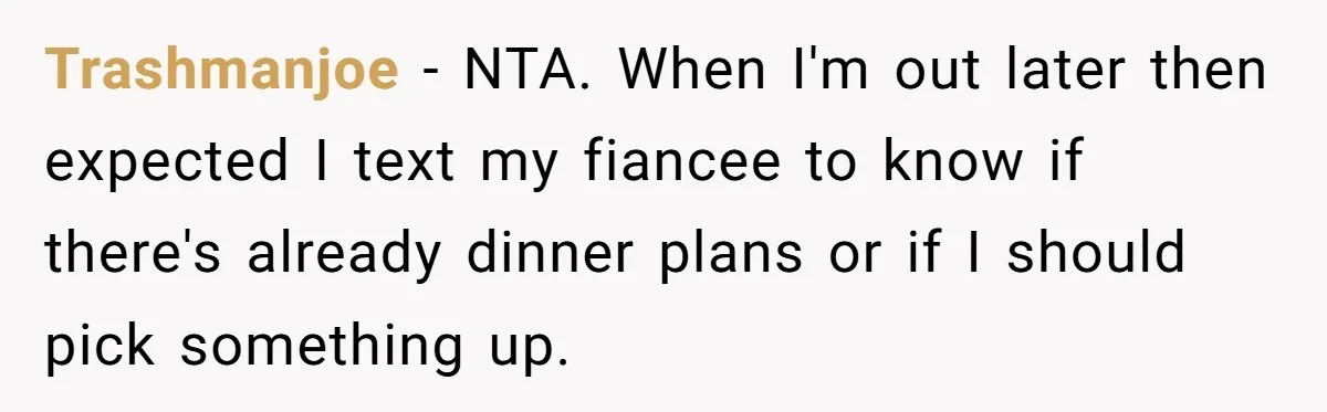 Trashmanjoe − NTA. When I'm out later then expected I text my fiancee to know if there's already dinner plans or if I should pick something up.