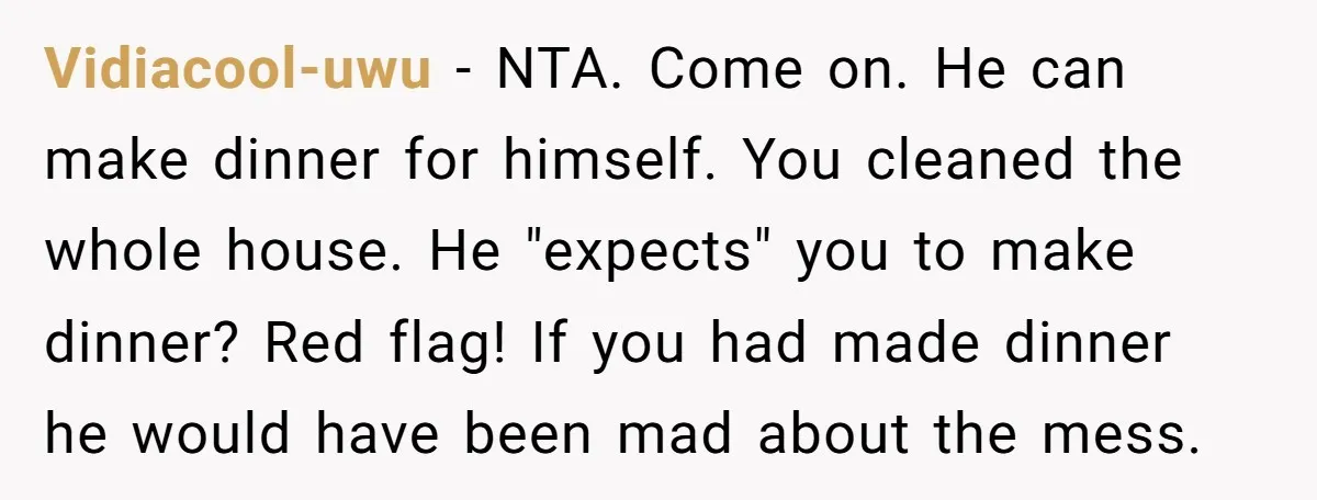 Vidiacool-uwu − NTA. Come on. He can make dinner for himself. You cleaned the whole house. He "expects" you to make dinner? Red flag! If you had made dinner he...