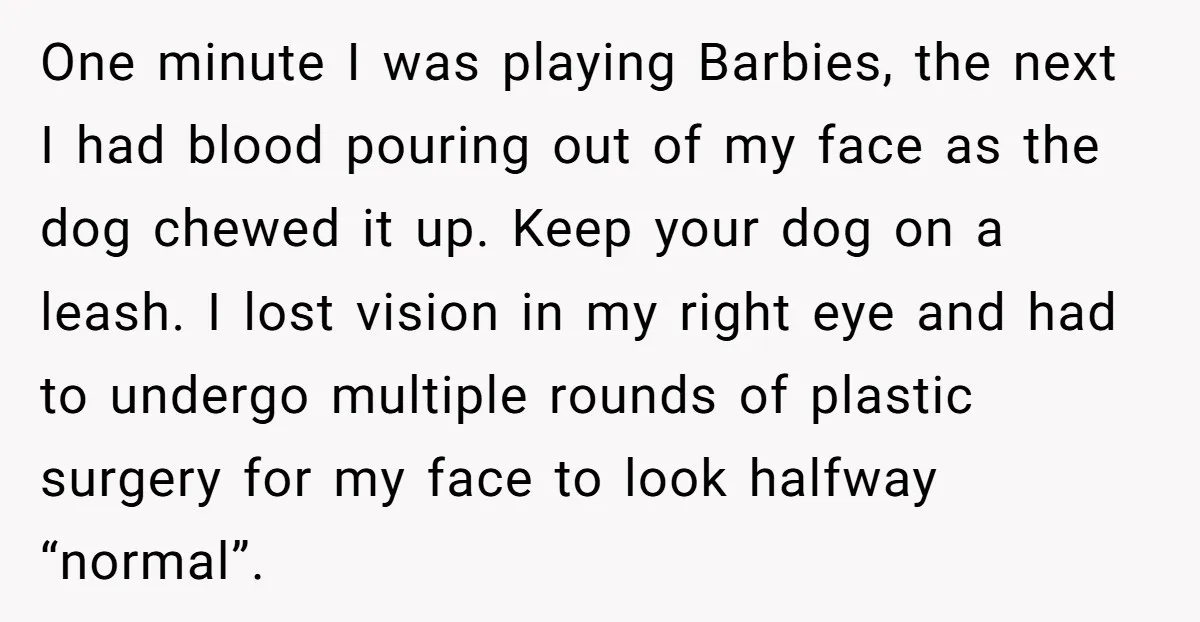 One minute I was playing Barbies, the next I had blood pouring out of my face as the dog chewed it up. Keep your dog on a leash. I lost...