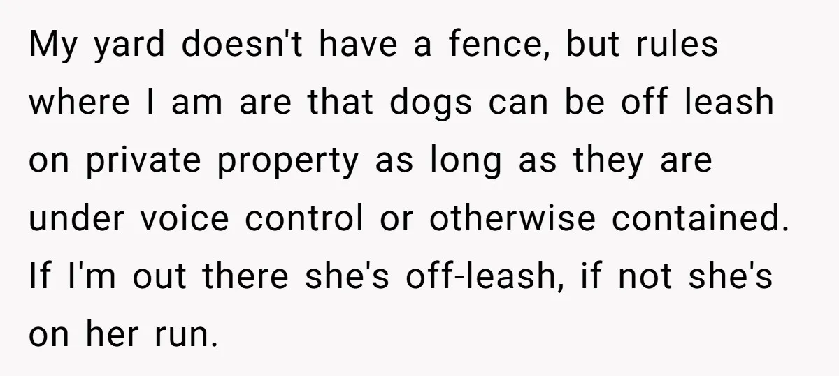 My yard doesn't have a fence, but rules where I am are that dogs can be off leash on private property as long as they are under voice control or...