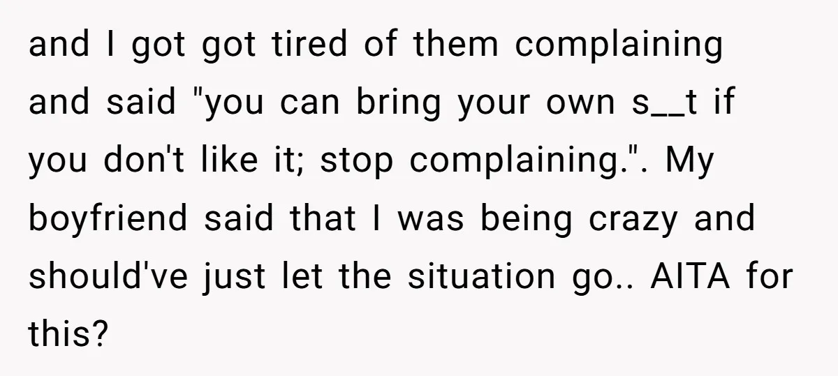 and I got got tired of them complaining and said "you can bring your own s__t if you don't like it; stop complaining.". My boyfriend said that I was being...