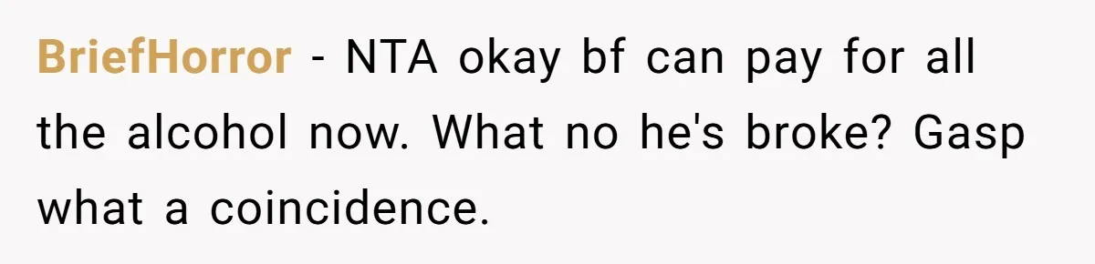 BriefHorror − NTA okay bf can pay for all the alcohol now. What no he's broke? Gasp what a coincidence.