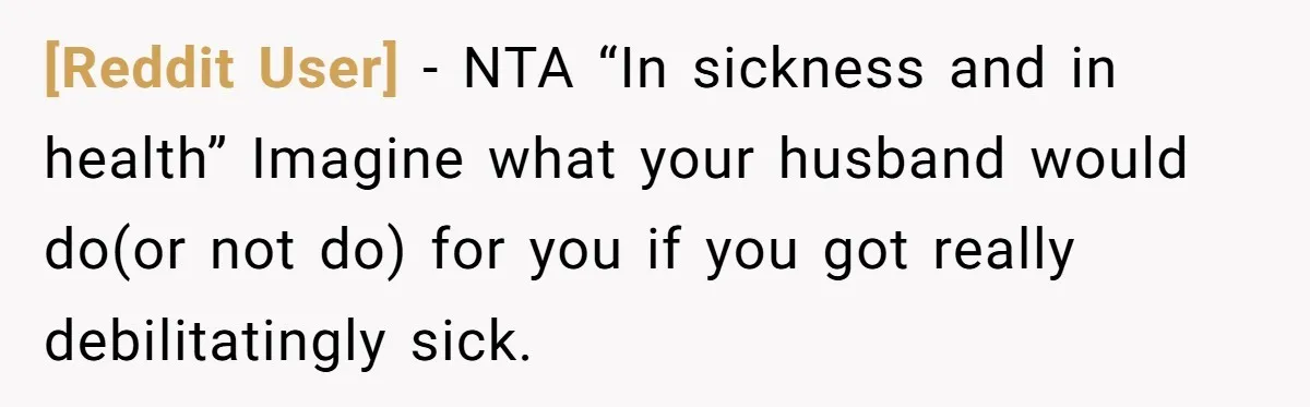 [Reddit User] − NTA “In sickness and in health” Imagine what your husband would do(or not do) for you if you got really debilitatingly sick.