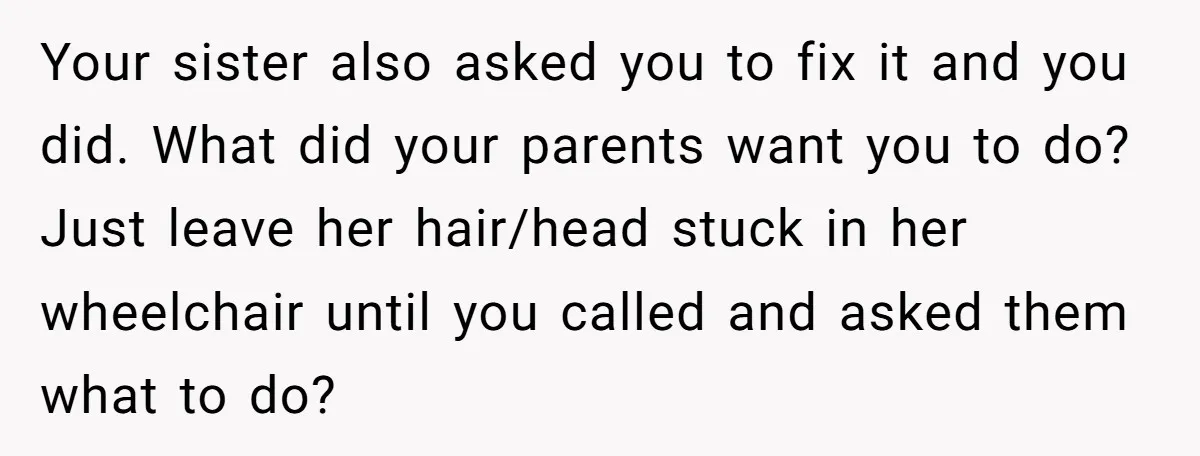 Your sister also asked you to fix it and you did. What did your parents want you to do? Just leave her hair/head stuck in her wheelchair until you called...
