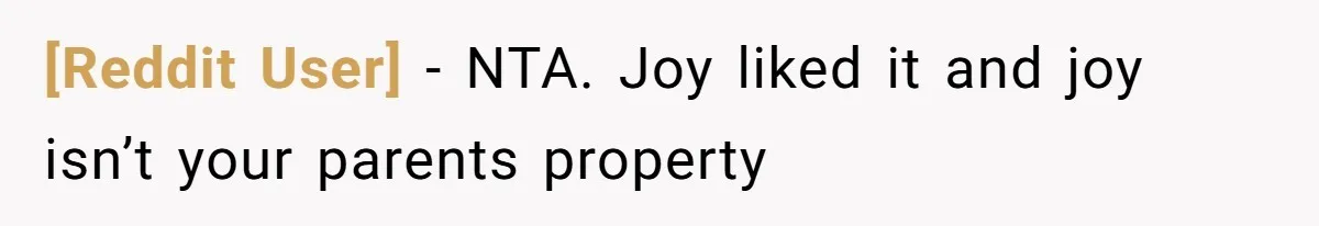 [Reddit User] − NTA. Joy liked it and joy isn’t your parents property
