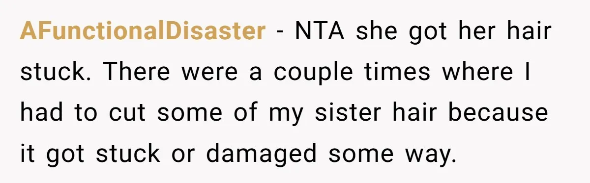 AFunctionalDisaster − NTA she got her hair stuck. There were a couple times where I had to cut some of my sister hair because it got stuck or damaged some...