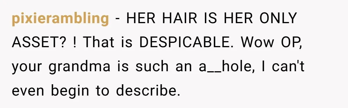 pixierambling − HER HAIR IS HER ONLY ASSET? ! That is DESPICABLE. Wow OP, your grandma is such an a__hole, I can't even begin to describe.