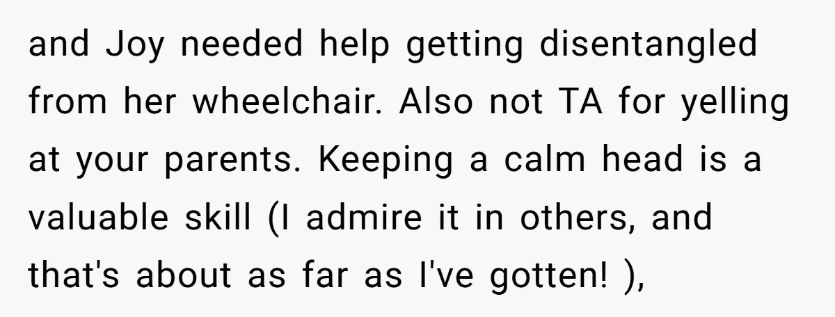 and Joy needed help getting disentangled from her wheelchair. Also not TA for yelling at your parents. Keeping a calm head is a valuable skill (I admire it in others,...