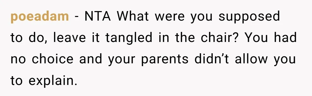 poeadam − NTA What were you supposed to do, leave it tangled in the chair? You had no choice and your parents didn’t allow you to explain.