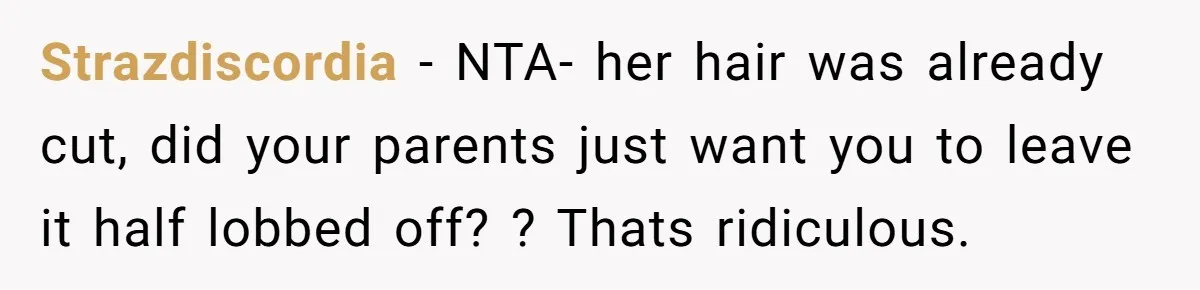 Strazdiscordia − NTA- her hair was already cut, did your parents just want you to leave it half lobbed off? ? Thats ridiculous.