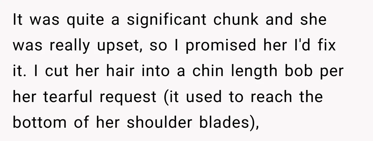 It was quite a significant chunk and she was really upset, so I promised her I'd fix it. I cut her hair into a chin length bob per her tearful...