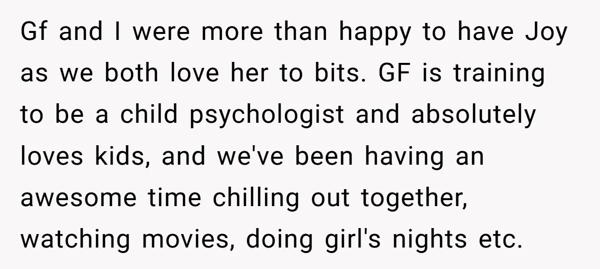 Gf and I were more than happy to have Joy as we both love her to bits. GF is training to be a child psychologist and absolutely loves kids, and...