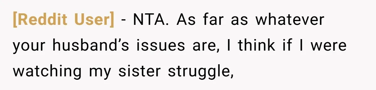 [Reddit User] − NTA. As far as whatever your husband’s issues are, I think if I were watching my sister struggle,