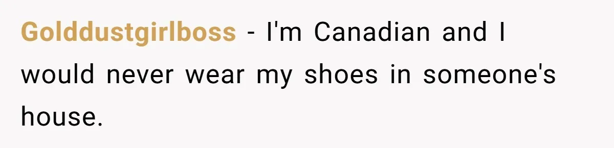 Golddustgirlboss − I'm Canadian and I would never wear my shoes in someone's house.