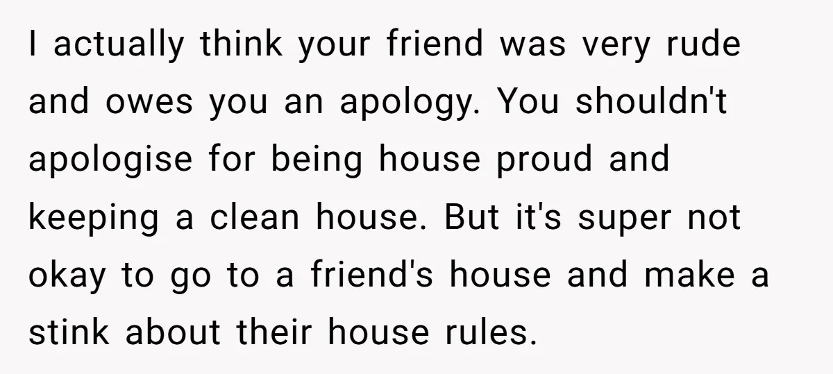 I actually think your friend was very rude and owes you an apology. You shouldn't apologise for being house proud and keeping a clean house. But it's super not okay...
