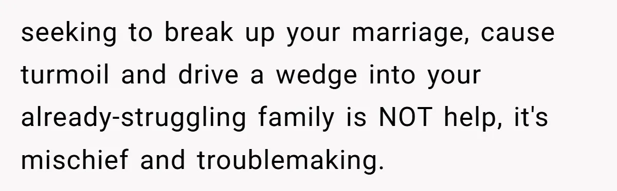seeking to break up your marriage, cause turmoil and drive a wedge into your already-struggling family is NOT help, it's mischief and troublemaking.