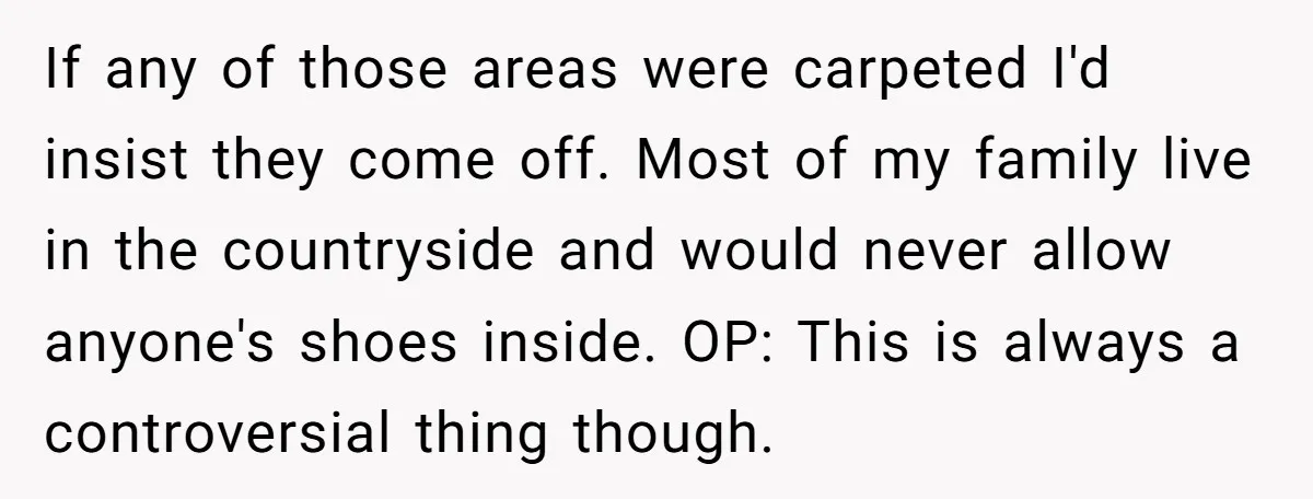 If any of those areas were carpeted I'd insist they come off. Most of my family live in the countryside and would never allow anyone's shoes inside. OP: This is...