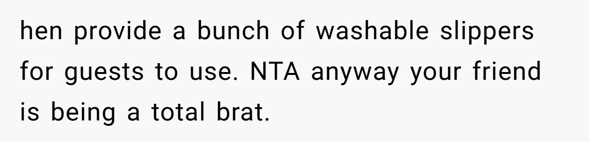 hen provide a bunch of washable slippers for guests to use. NTA anyway your friend is being a total brat.