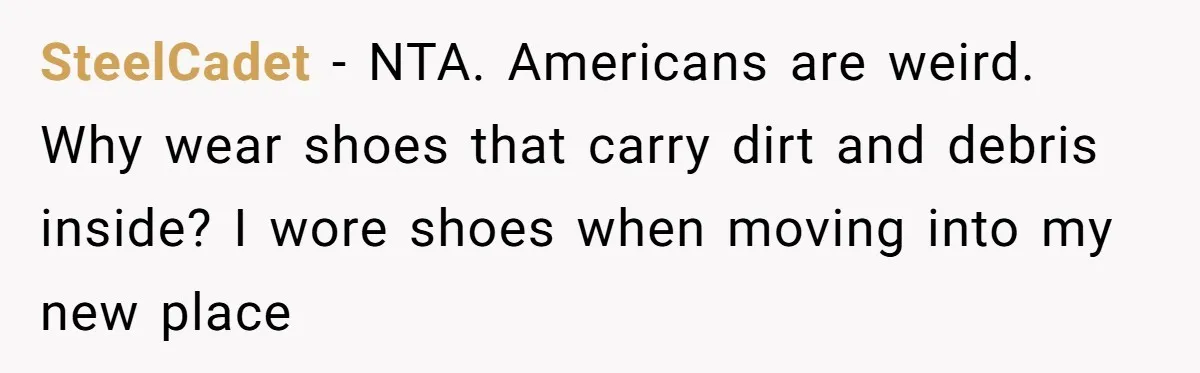 SteelCadet − NTA. Americans are weird. Why wear shoes that carry dirt and debris inside? I wore shoes when moving into my new place
