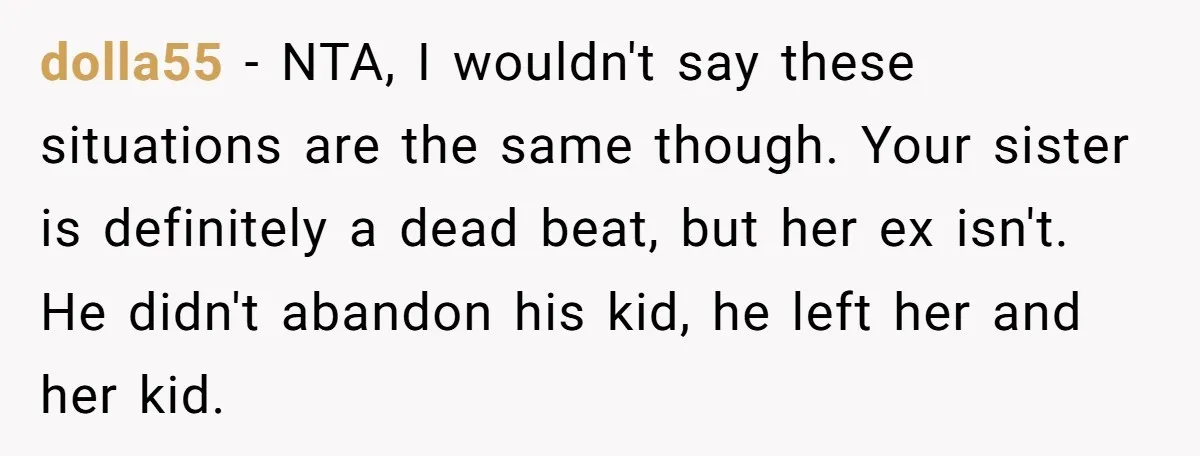 dolla55 − NTA, I wouldn't say these situations are the same though. Your sister is definitely a dead beat, but her ex isn't. He didn't abandon his kid, he left...