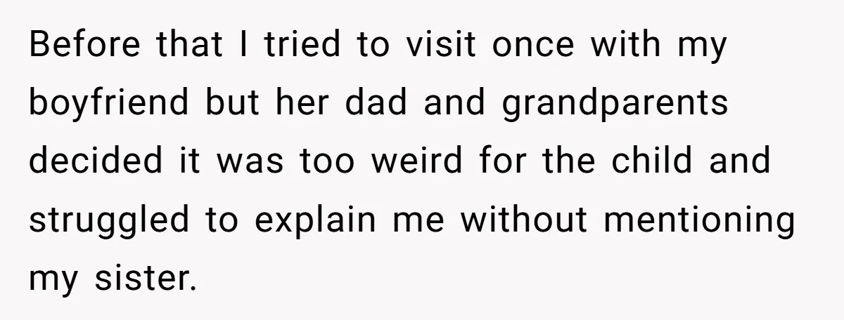 Before that I tried to visit once with my boyfriend but her dad and grandparents decided it was too weird for the child and struggled to explain me without mentioning...