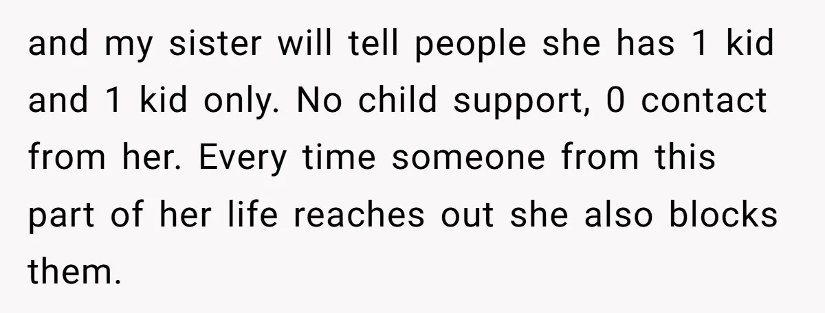 and my sister will tell people she has 1 kid and 1 kid only. No child support, 0 contact from her. Every time someone from this part of her life...