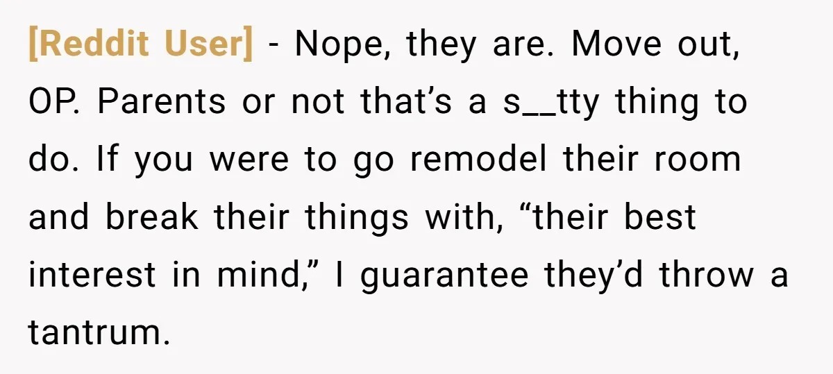 [Reddit User] − Nope, they are. Move out, OP. Parents or not that’s a s__tty thing to do. If you were to go remodel their room and break their things...