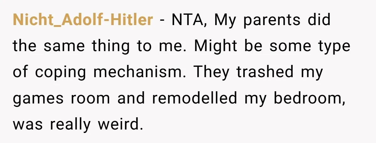 Nicht_Adolf-Hitler − NTA, My parents did the same thing to me. Might be some type of coping mechanism. They trashed my games room and remodelled my bedroom, was really weird.