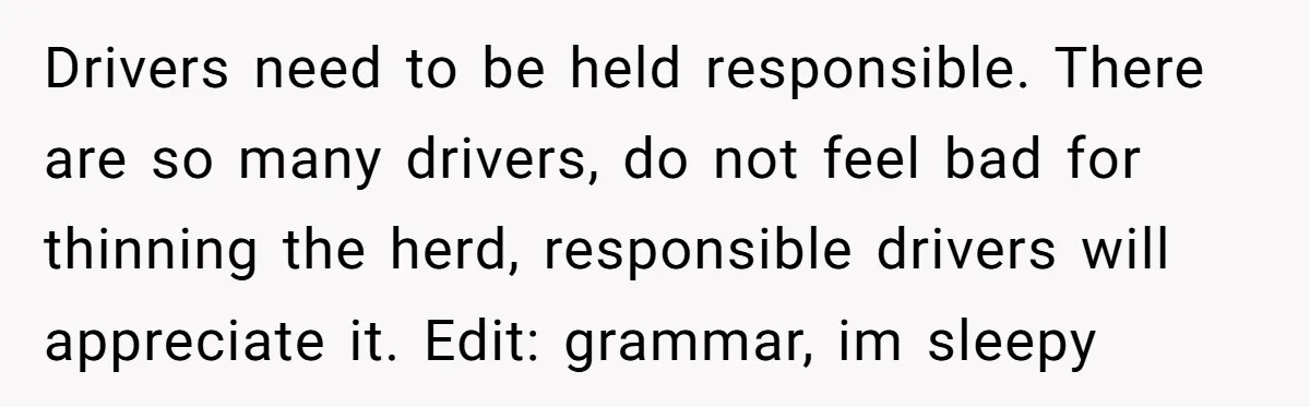 Drivers need to be held responsible. There are so many drivers, do not feel bad for thinning the herd, responsible drivers will appreciate it. Edit: grammar, im sleepy