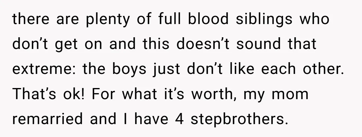 there are plenty of full blood siblings who don’t get on and this doesn’t sound that extreme: the boys just don’t like each other. That’s ok! For what it’s worth,...
