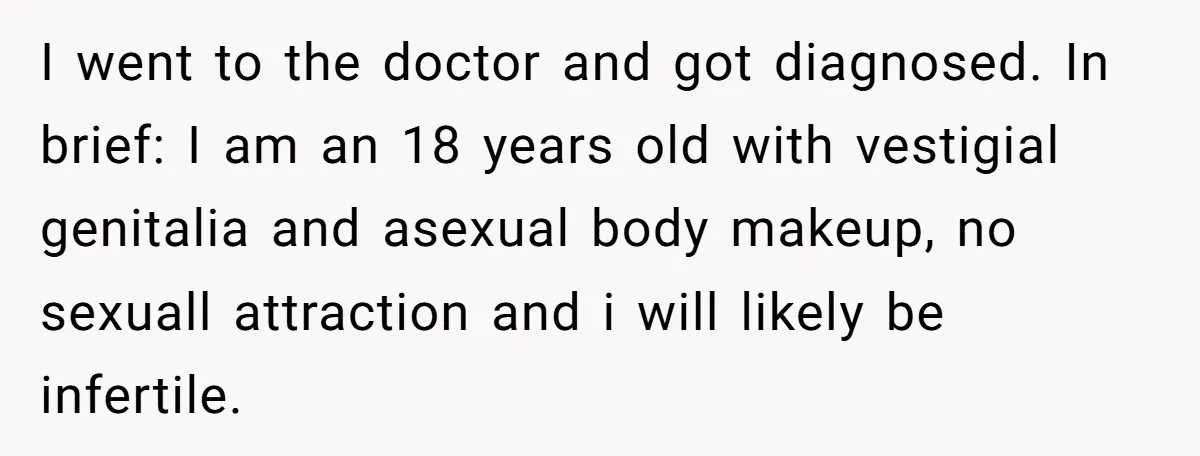 I went to the doctor and got diagnosed. In brief: I am an 18 years old with vestigial genitalia and asexual body makeup, no sexuall attraction and i will likely...