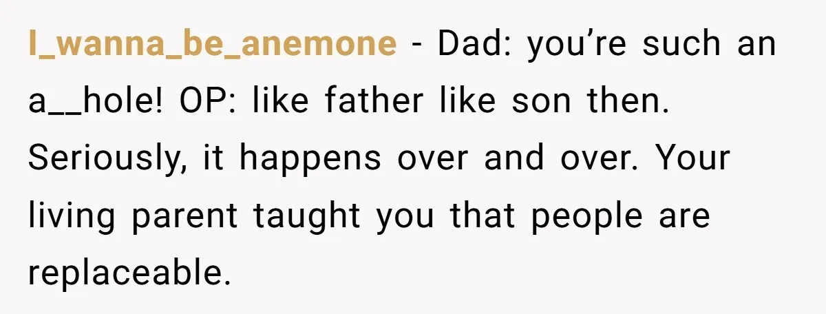 I_wanna_be_anemone − Dad: you’re such an a__hole! OP: like father like son then. Seriously, it happens over and over. Your living parent taught you that people are replaceable.
