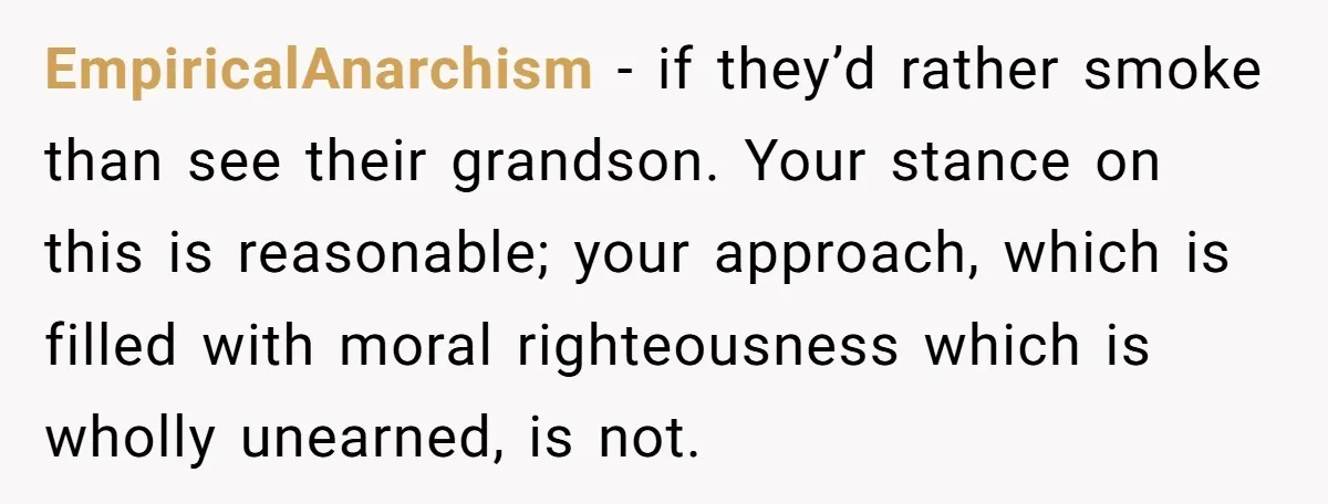EmpiricalAnarchism − if they’d rather smoke than see their grandson. Your stance on this is reasonable; your approach, which is filled with moral righteousness which is wholly unearned, is not.