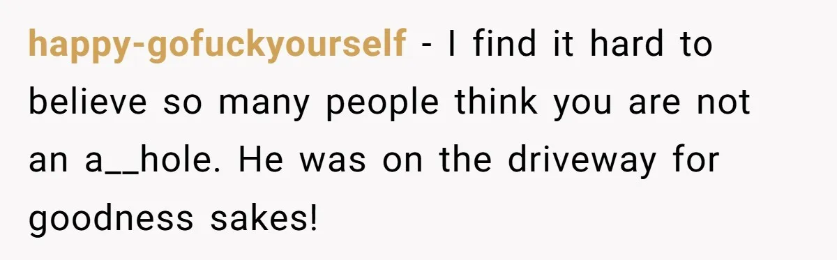 happy-gofuckyourself − I find it hard to believe so many people think you are not an a__hole. He was on the driveway for goodness sakes!