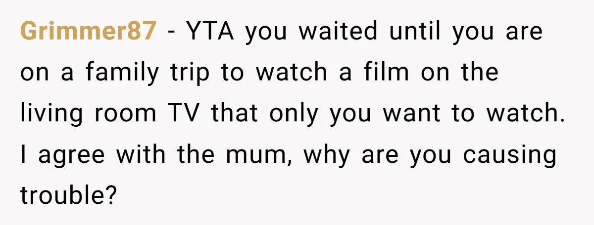 Grimmer87 − YTA you waited until you are on a family trip to watch a film on the living room TV that only you want to watch. I agree with...