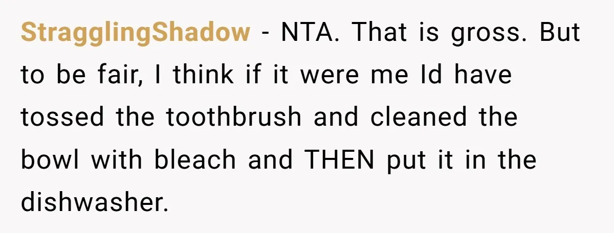 StragglingShadow − NTA. That is gross. But to be fair, I think if it were me Id have tossed the toothbrush and cleaned the bowl with bleach and THEN put...
