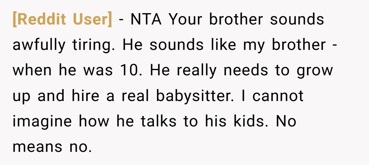 [Reddit User] − NTA Your brother sounds awfully tiring. He sounds like my brother - when he was 10. He really needs to grow up and hire a real babysitter....