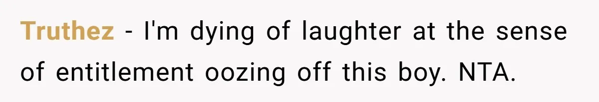Truthez − I'm dying of laughter at the sense of entitlement oozing off this boy. NTA.