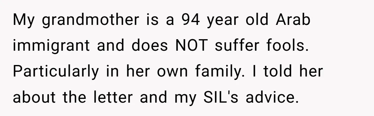 My grandmother is a 94 year old Arab immigrant and does NOT suffer fools. Particularly in her own family. I told her about the letter and my SIL's advice.