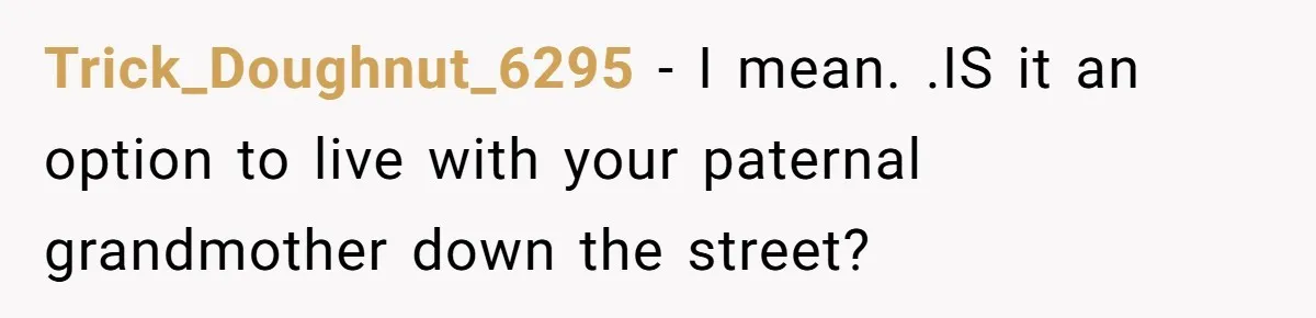 Trick_Doughnut_6295 − I mean. .IS it an option to live with your paternal grandmother down the street?